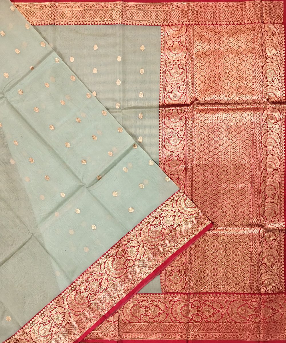 BANARASI HANDLOOM KORA SILK SAREE WITH KATAN BROCADE BORDER AND PALLU