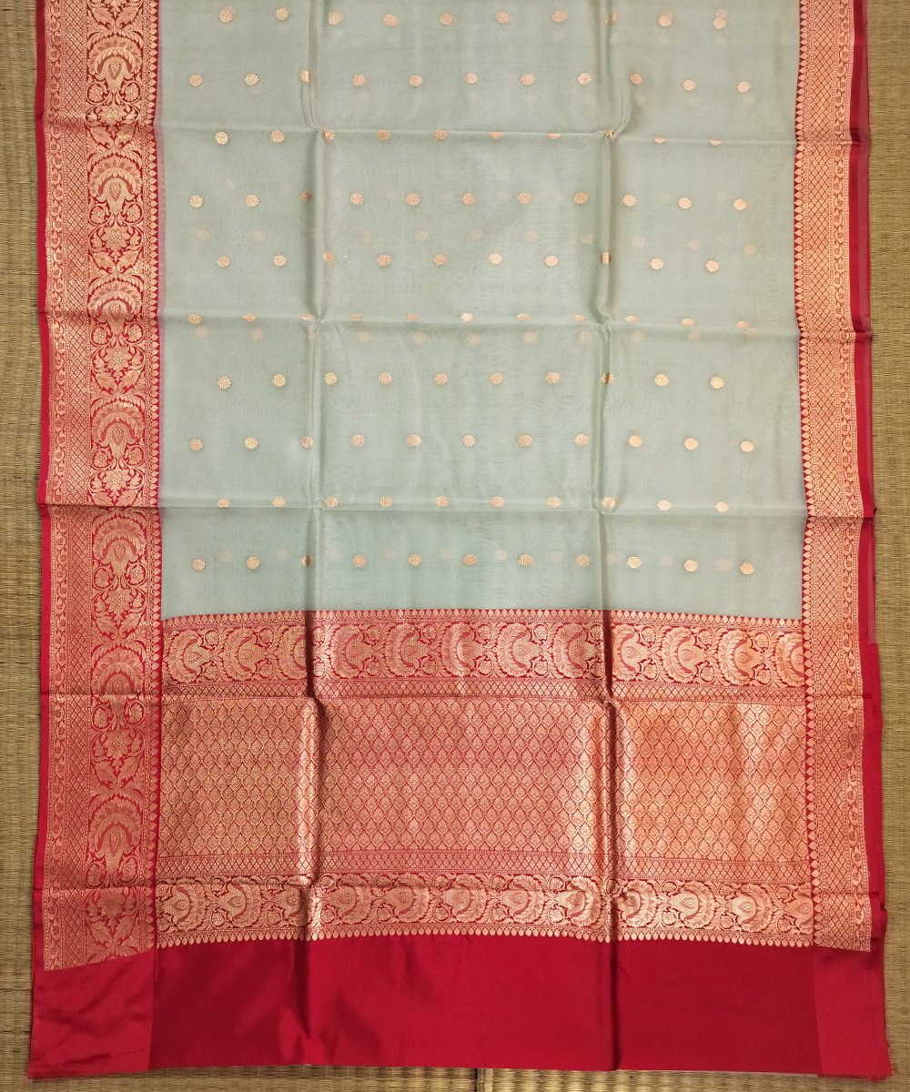 BANARASI HANDLOOM KORA SILK SAREE WITH KATAN BROCADE BORDER AND PALLU - Image 2