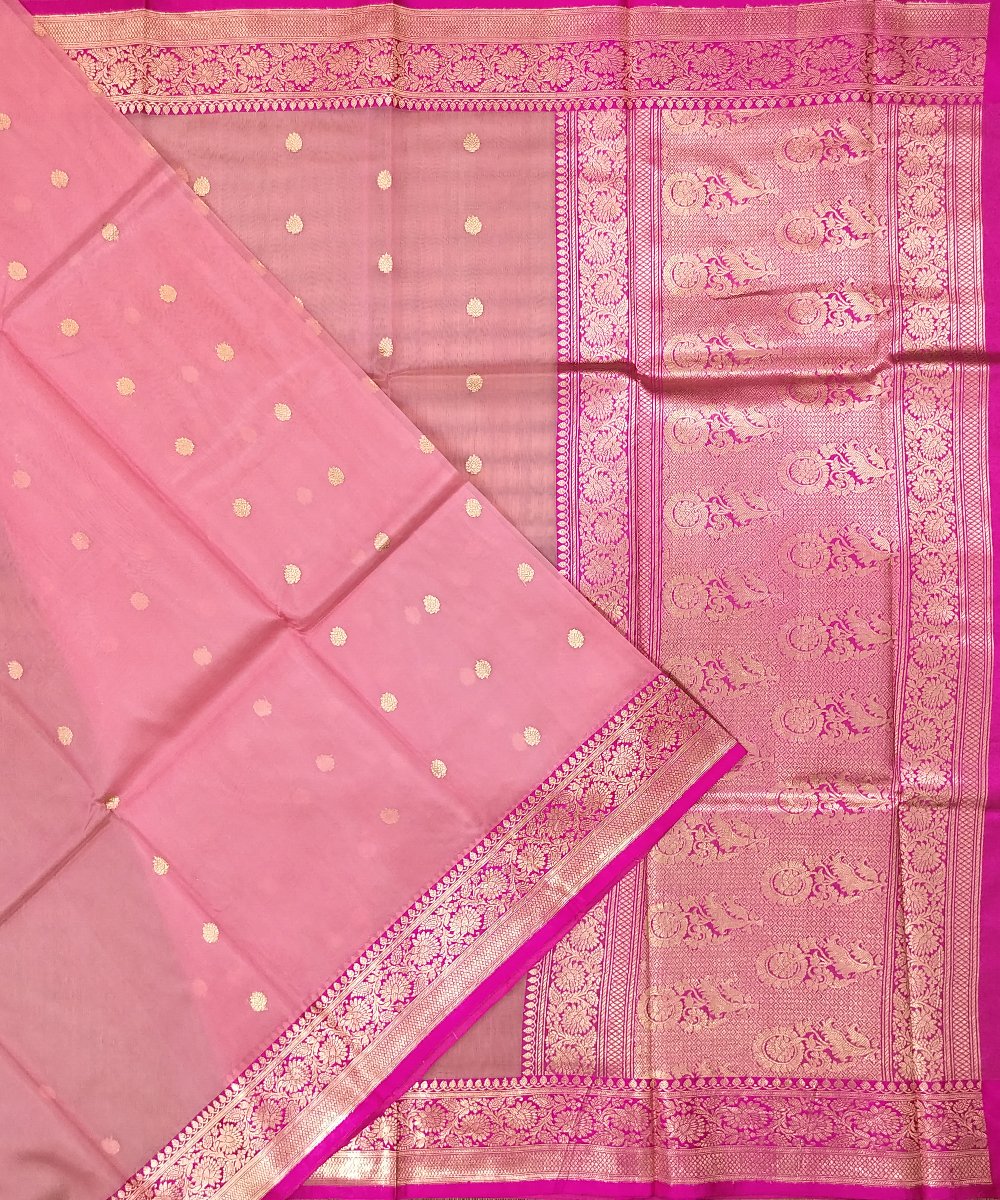 BANARASI HANDLOOM KORA SILK SAREE WITH KATAN BROCADE BORDER AND PALLU