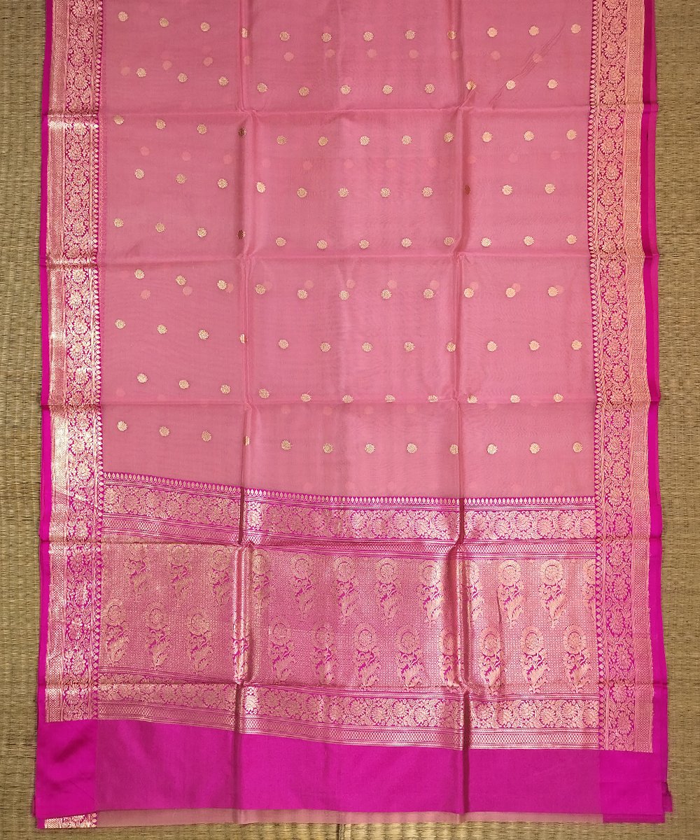 BANARASI HANDLOOM KORA SILK SAREE WITH KATAN BROCADE BORDER AND PALLU - Image 2
