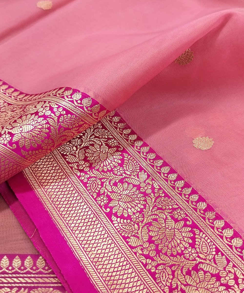 BANARASI HANDLOOM KORA SILK SAREE WITH KATAN BROCADE BORDER AND PALLU - Image 3