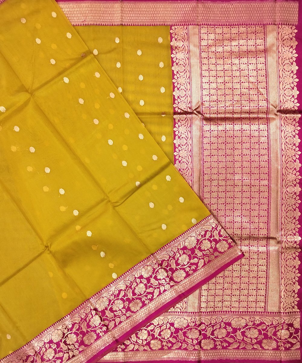 BANARASI HANDLOOM KORA SILK SAREE WITH KATAN BROCADE BORDER AND PALLU