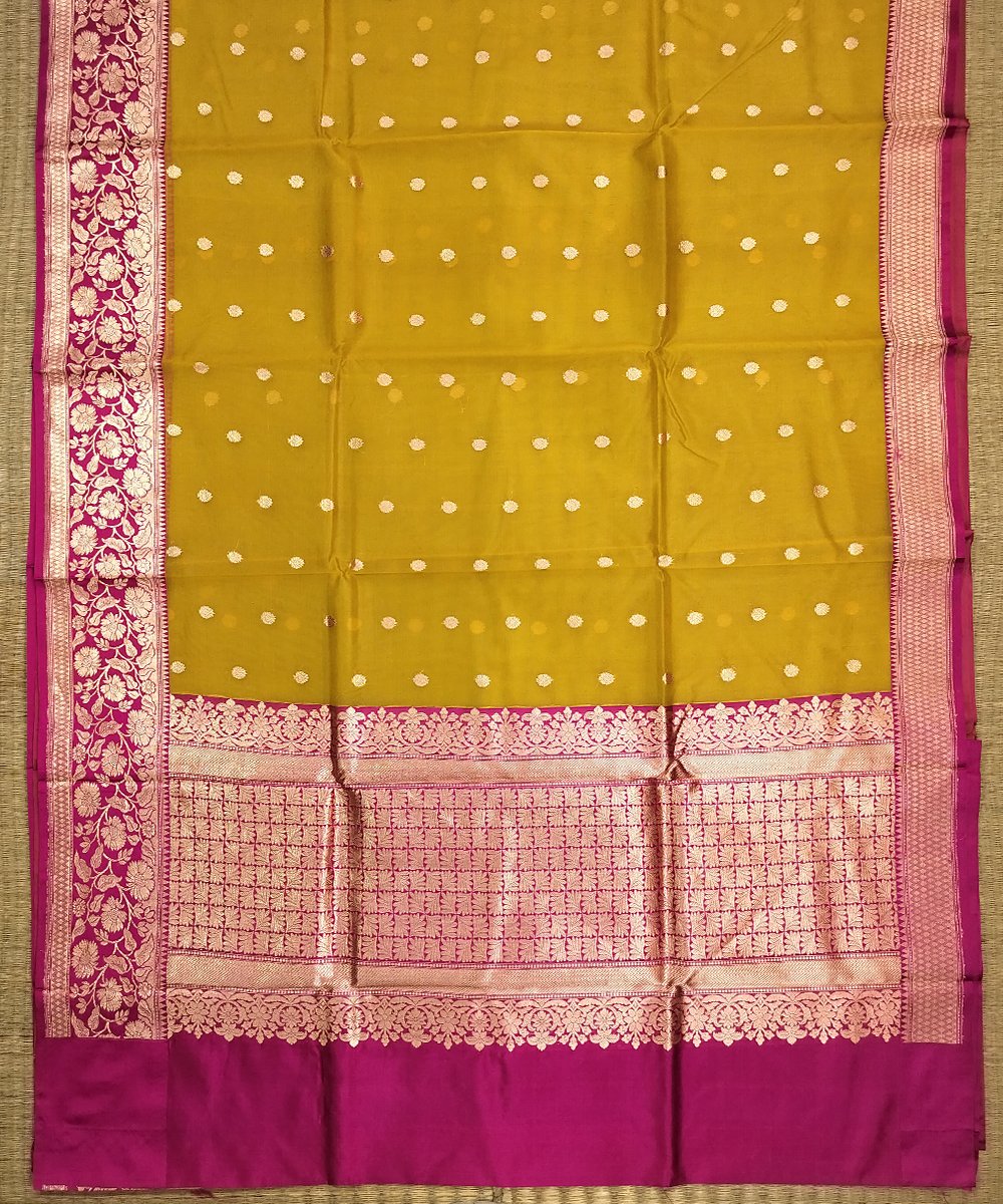 BANARASI HANDLOOM KORA SILK SAREE WITH KATAN BROCADE BORDER AND PALLU - Image 2