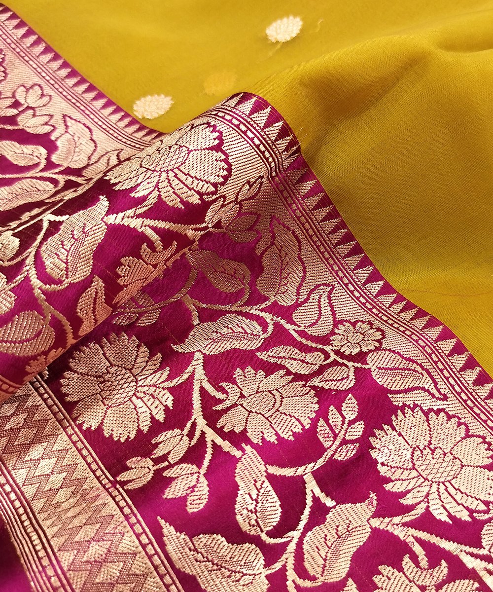 BANARASI HANDLOOM KORA SILK SAREE WITH KATAN BROCADE BORDER AND PALLU - Image 3