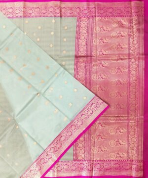 BANARASI HANDLOOM KORA SILK SAREE WITH KATAN BROCADE BORDER AND PALLU